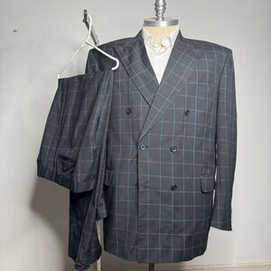 SoHo Collection Mens Double Breasted Plaid Suit Black Check 48L 40W